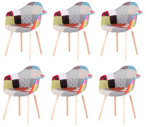 EGOONM 6er Set Patchwork Stuhl mit Armlehne,Leinenstoff Freizeit Wohnzimmer Esszimmerstuhl Empfangsstühle, Küchenstuhl (rot)