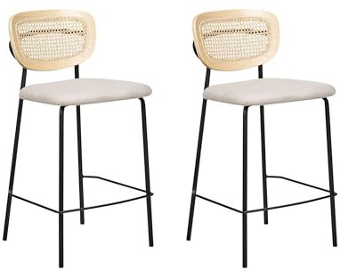 Beliani 2er Set Moderne Barstühle Wiener Geflecht Rattan Rückenlehne Hocker Polyester Sitz ohne Armlehne Schwarze Beine Hellbeige Mayetta