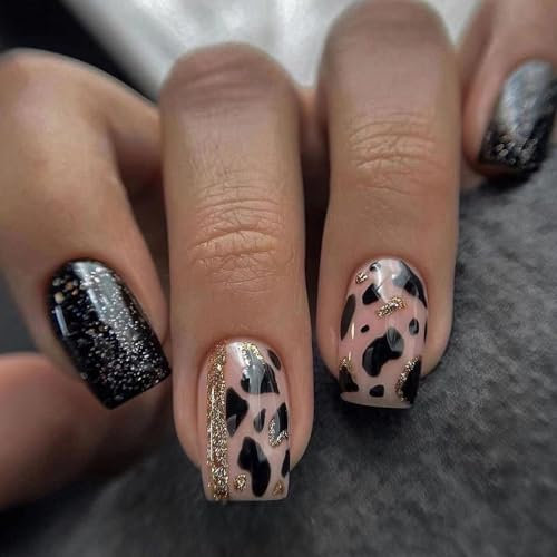 Ceboic French False Nails Short, Square Press on Nails Black Pink Glitter Design Acrylic Gel Fake Nails, Reusable Glossy Stick on Nails with Adhesive Glue Stickers, Natural Nail Art Kit 24Pcs
