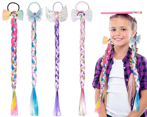 4 Stück Mädchen Perücke Prinzessin Perücke Zopf Kunsthaar Haarsträhnen Haarextension Haargummi Haarreif Zopf mit Elastischem Seilband Bunte Haarverlängerungen Geflochtenes für Party Ankleiden