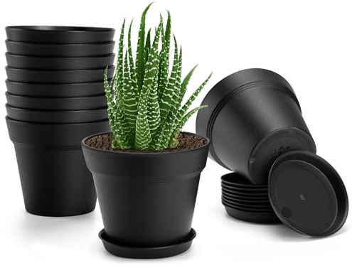 FHWTY Kunststoff-Pflanztöpfe mit Ablauflöchern und Tablett, 12,7 cm, Schwarz, 10 Stück