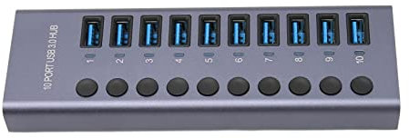 Hub USB 3.0 de 10 Puertos y 60 W con Interruptores de Alimentación Individuales y LED, Concentrador USB con Alimentación, Estación de Acoplamiento USB 3.0 con Carcasa de