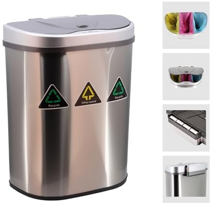 9stars Silver 70l Triple Large Heavy Duty Stainless Steel 3 Compartment Recycling Sensor Kitchen Bin With Automatic Lid Trash & Rubbish Organizer (23 + 24 + 23L spilt division).