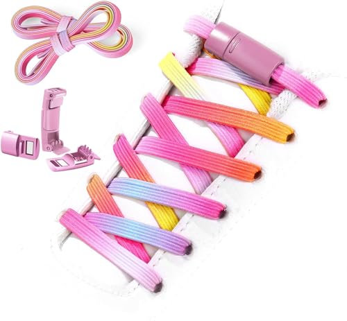 Shecret Elastique Lacets, Lacets Chaussures avec Fermeture Rapide en Métal Magnétique, Lacet Elastique Enfant et Adulte, Élastiques Lacets Sans Nœuds, Lacets Universels Réglables, Arc en ciel Rose