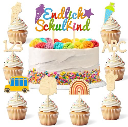 Tortendeko Einschulung, Kuchen Deko Schulanfang, Holz Schuleinführung Tortendeko, Cake Topper Schulkind, Zuckertüte ABC 123, Endlich Schulkind Schultag Party Deko für Junge Mädchen