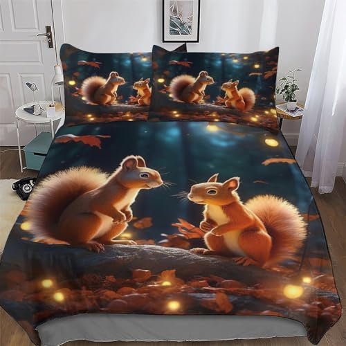 PAZZK Eichhörnchen 3D-Druck Bettwäsche & Kissenbezug - Bettbezüge Aus Atmungsaktivem Mikrofaser, Superweiches Bettbezug Set 2 teilig Mit Kissenbezug Single (135x200cm)