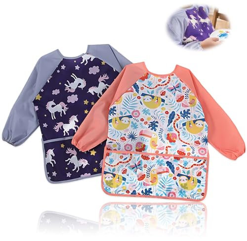 Crrynuo 2 Stück Malkittel Kinder, Malschürze Wasserdicht Kinder für Kinder 3-8 Jahre - Größe M, Bastelschürze mit 3 Taschen Malerkittel mit Langen Ärmeln für Schule, Malerei, Kochen, Essen