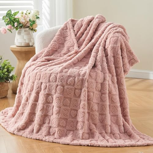 Wajade Throw Fleece Blanket Mother’s Day Love Gifts Love Heart Blanket Soft Cosy Warm Thick Blanket for Bed Sofa Couch Love Pink 127x178