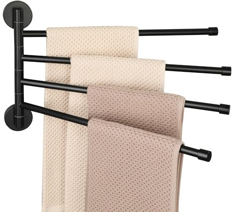 Mooche Porte-Serviettes Ronde avec 4 Barres 180° Rotatives en Acier Inoxydable, Antirouille et Pratique, Porte Serviette Murale Sèche-Serviettes pour Salle de Bain/Cuisine Lavabo, Noir