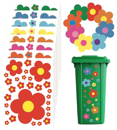 Wheelie Bin Stickers, 8 Sheets Flower Dustbin Sticker Waterproof Stickers Self-adhesive for Wall, Window, Door, Bin, Fridge