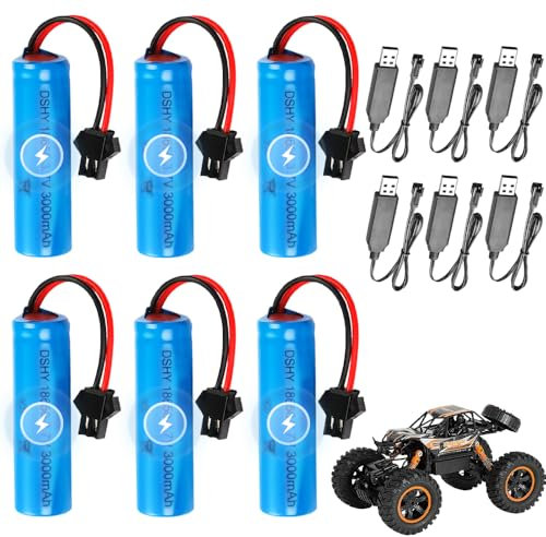 6 Stück 3.7 V Li-ion Battery, 3000mAh Lithium-Ionen Akku mit SM-2P Stecker, UBS Ladekabel, Wiederaufladbare Battery, Li-Ionen-Akku für RC Fahrzeuge, Panzer, Auto, Roboter, Stunt Car