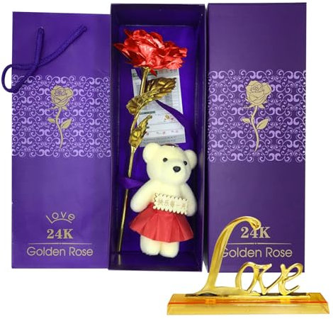 Rosa dorata imitazione con piccolo orso e ornamenti Love, rosa artificiale immersa in oro con confezione regalo, fiore di rosa placcato oro per anniversario, San Valentino, festa della mamma