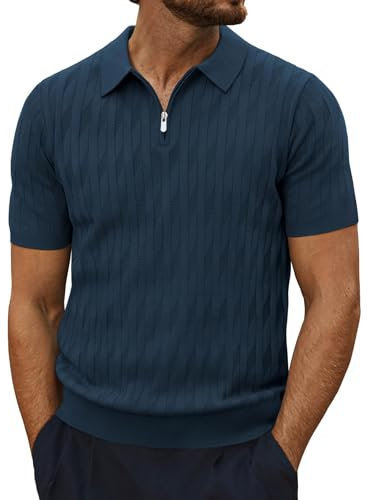 Poloshirt Herren Casual Tshirt Kurzarm Retro Rippstrick Polo Shirt Marineblau XL