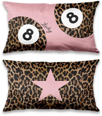 TopXmai Rosa Preppy Y2K 8-Ball Trendige Kissenbezüge mit Leopardenmuster 50,8 x 30,5 cm, 2er-Set, Funky Y2K Coquette Preppy Geparden-Stern-Lucky-8-Ball-Kissenbezüge für Mädchenzimmer, Wohnheim