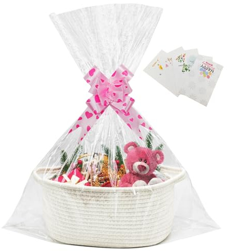 Geschenkkorb Leer Baumwollkörbe mit Zugschleifen Taschen und Geschreddertem Papier Geschenkkorb für Abschlussfeiern Einweihungsfeiern Ostern 33 x 23 x 14 cm (Weiß)
