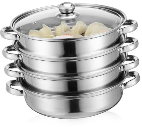 Mikikit Vaporera Inoxidable 4 Capas Olla para Cocinar al Vapor Tamaño Grande Material Inoxidable para Verduras y Arroz Tapa