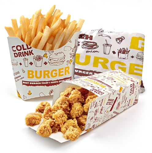 ZSSZD 90PCS Disposable Paper Food Box, French Fry Box Holder, Popcorn Boxes, Greaseproof Paper Sheets Set, Snack Holder Cups, Party Food Tray Movie Night Accessories for Fries, Onion Rings