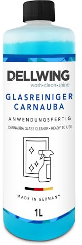 Dellwing Glasreiniger Carnauba 1 l, anwendungsfertiger Scheibenreiniger mit Versiegelung, ideal für verglaste Flächen, Spiegel und Kacheln, Fensterreiniger, Made in Germany