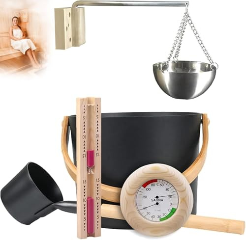 MAIMAILE Sauna Zubehör Set, Temperaturbereich von 0°C bis 120°C, mit 7L Saun Eimer/Thermometer/Sanduhr/Aromatherapie, für den persönlichen Gebrauch zu Hause, Salon, Saunaraum, Badezimmer
