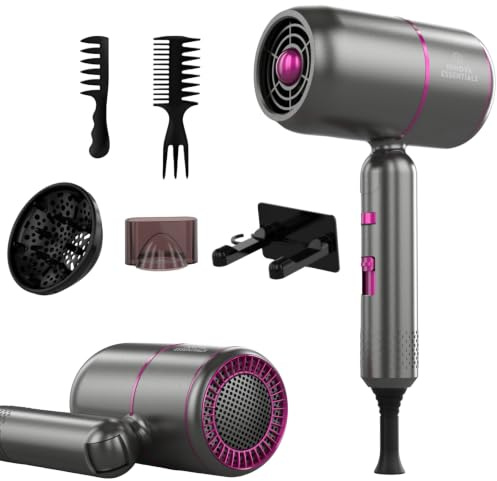 Innova Ionen Föhn 2000W, klappbarer Reisefön & Haartrockner mit Diffusor, 3 Temperaturstufen, 2 Geschwindigkeiten, Kaltlufttaste & Styling-Aufsätze (Violett)