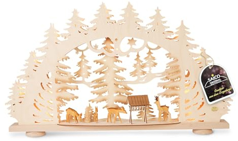 Original Schwibbogen Erzgebirge „Waldidylle“ - Lichtbogen Weihnachten, mit geschnitzten Rehen & LED Beleuchtung - Holzkunst Erzgebirge, Geschenkidee Weihnachten - 68,5 x 40 x 6 cm - Made in Germany