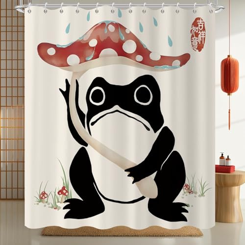 GCIREC Duschvorhang, 180x200cm, Lustiger Frosch Niedlicher Pilz Asiatische japanische Kunst Wasserdichter Stoff Maschinenwaschbarer Badezimmervorhang mit Haken
