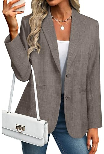 Simplee Blazers for Women Business 2026 Dressy Casual Long Sleeve Lapel Open Front Button Jacket Button Down Blazer with Pockets(Gray Khaki L)