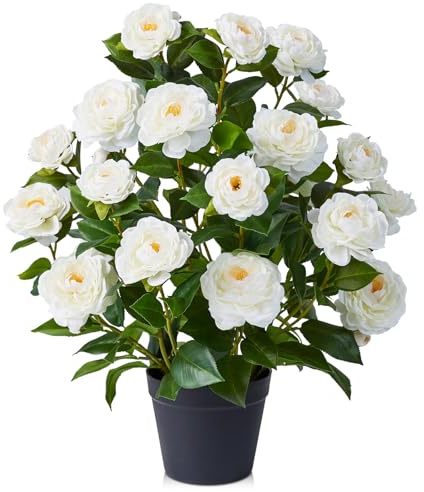 VeriNatural Artificial White Camellia Tree 60cm – Realistic Faux Plant with 28 Silk Flowers, 175 Green Leaves – Plastic Potted Artificial Tree Decor for Home Office Living Room Indoor Garden