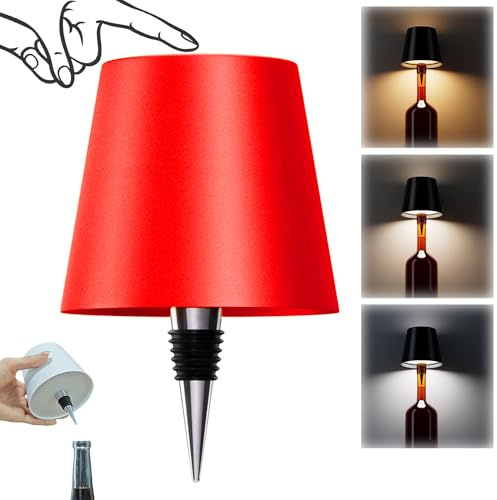 AIMARS Wireless Bottle Lamp, 3 Color Stepless Dimming Wine Bottle Lamp, LED Rechargeable Touch Control Wireless Bottle Lampshade for Bedroom, Restaurant, Bar (Red, 1-Pack)