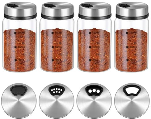 4 Stück Gewürzgläser mit Drehdeckel - 150ml Borosilikatglas Gewürzstreuer mit 4 Gewürzlöchern, Praktische Salzstreuer Gewürzdosen für Küche, Grillen, BBQ und Kochen, Praktische Salzstreuer Gewürzdosen