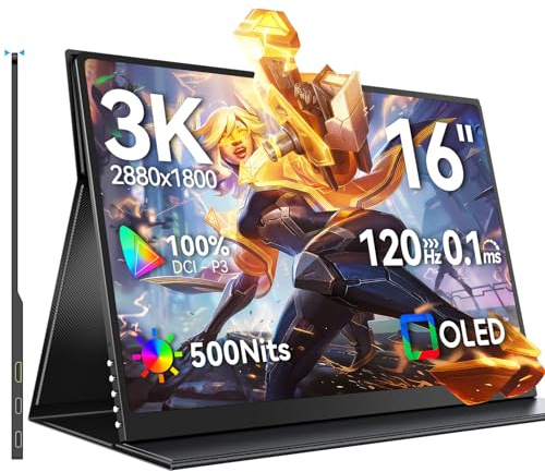 UPERFECT 16 Pollici 3K 120Hz OLED Monitor Portatile, 2880x1800 100000:1 | 500 Nit 100% DCI-P3 16:10 0.1ms Secondo Schermo con Mini HDMI USB C per PC Laptop Xbo, Compatibile VESA, Corpo in Alluminio