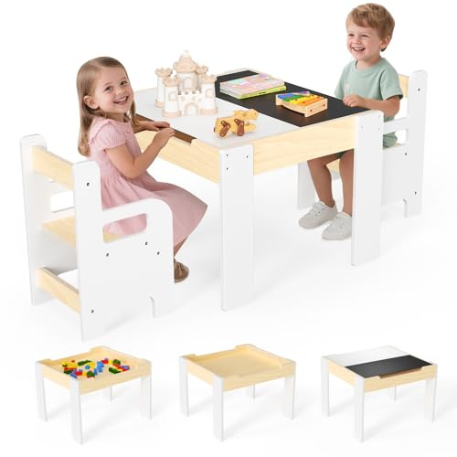 Lubirayi Holz Kindersitzgruppe, Set mit 2 Stühlen, 1 Tisch, Kindertisch Holz, Spieltisch mit Stauraum, Sitzgruppe für Kinder, Maltisch
