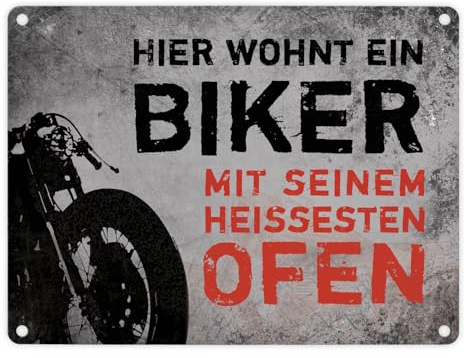trendaffe - Metallschild mit Motorrad Motiv und Spruch: Hier wohnt EIN Biker mit seinem heißesten Ofen