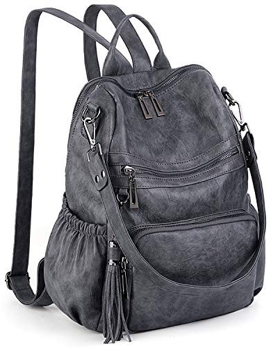 UTO Damen Rucksack PU Washed Leder Modischer Multifunktionsrucksack mit Quastendesign Lässige Schultertaschen vielen Kompartiment Reißverschluss Umhängetasche Rucksack Schule Schulrucksack Grau