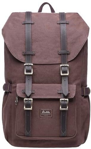 KAUKKO Vintage Canvas Rucksack Damen Herren Baumwolle Daypack mit Laptopfach für 15 Zoll Notebook für Schule, Uni, Reisen, Wandern, 22L, Coffee
