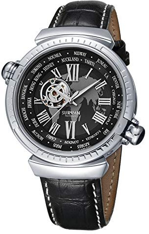 SURVAN WatchDesigner Herrenuhr Urban Kristallglas Weltzeit Automatik Modisch Skelett Design Bequem Lederarmband Praktisch Kalendaranzeige Metall Gehäuse Luxusaccessoire Wasserdichtig (Schwarz)