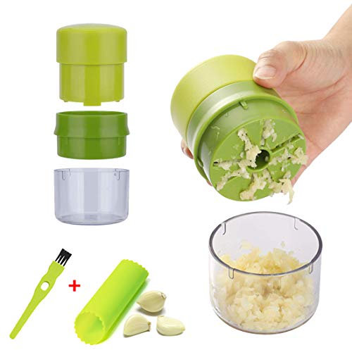 HOTLIKE Knoblauchpresse, 3Pcs Set Knoblauchschneider mit Silikon Knoblauchschäler & Reinigungsbürste, Garlic Press, Küchenhilfe Leicht zu Reinigen, Mühelos Pressen Sie Knoblauch, Ingwer, Nüsse (Grün)