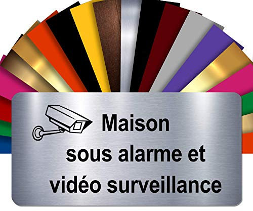 Plaque Maison Sous Alarme Et Vidéosurveillance Autocollante – Plaque De Maison PVC Adhésive 10 x 5 cm – 21 Couleurs Disponibles (Gris Alu Brillant)