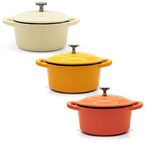RJ Legend Mini Dutch Oven Pot Set of 3 - Enamel Surface, Non-Stick Cast Iron Cookware - Ideal Gift for Your Friends & Family - Orange, White, Yellow