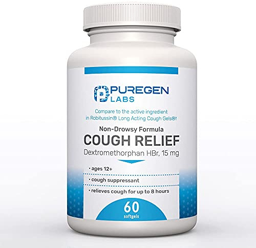 P Puregen Labs Cough Relief for Adults Dextromethorphan HBr 15mg (60 Softgels) 8-Hour, Non-Drowsy, Long-Lasting Bronchial Suppressant |Ages 12+ | Compare to Robafen and Robitussin