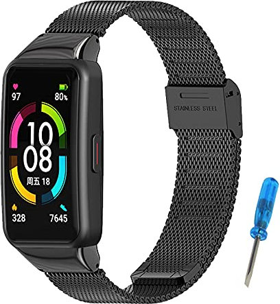 SenMore Armband Kompatibles für Huawei Band 6 & Honor Band 6 Armband Edelstahlband Wasserdichtes Modisches Armband Ersatzband aus Metall für Honor Band 6 & Huawei Band 6 (kein Host)(Schwarz)
