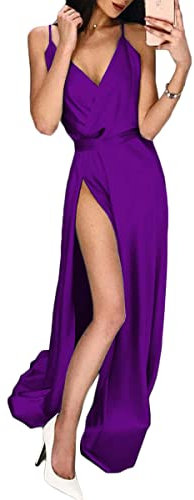 ORANDESIGNE Vestiti della Sera e Cerimonia da Donna Tubino Senza Maniche Vita Alta Scollo a V Pieghetta Vestito Lungo Maxi Abito I Viola XL