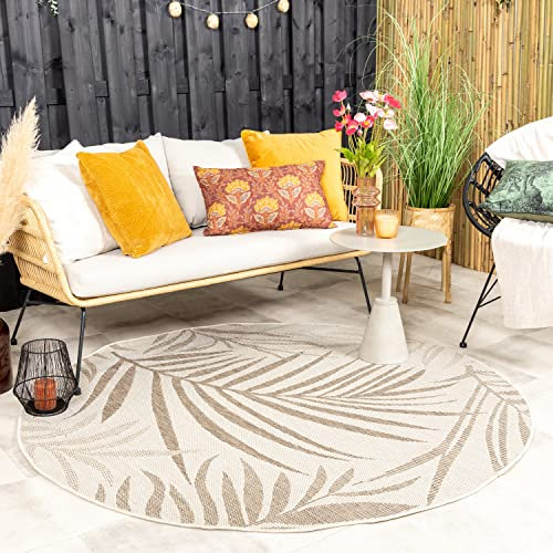 FRAAI In- & Outdoor Jute Teppich Rund - Nomad Leaves Creme Ø 160cm - Wetterfest - Polypropylen - Flachgewebe - Wohnzimmer, Esszimmer, Balkon, Garten/Terrasse - Terrasse - Rug