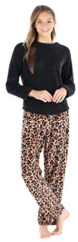PajamaMania Pigiama da donna in pile a maniche lunghe, Leopardo Marrone, S