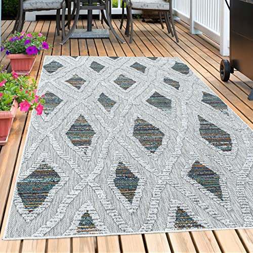 Carpetsale24 Outdoor Teppich Modern, Boho Berber Design Teppich 3D Optik, Rechteckig, Grau mit bunten Mustern, Hoch-Tief Effekt, Wetterfest, für Balkon, Garten, Terasse, Küche, Größe: 160 x 230 cm