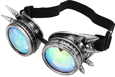 SPYMINNPOO Steampunk Brille, Halloween Kaleidoskop Rave Brille mit Regenbogen Kristalllinsen, Verstellbare Trippy Psychedelische Brille (Antikes Silber)