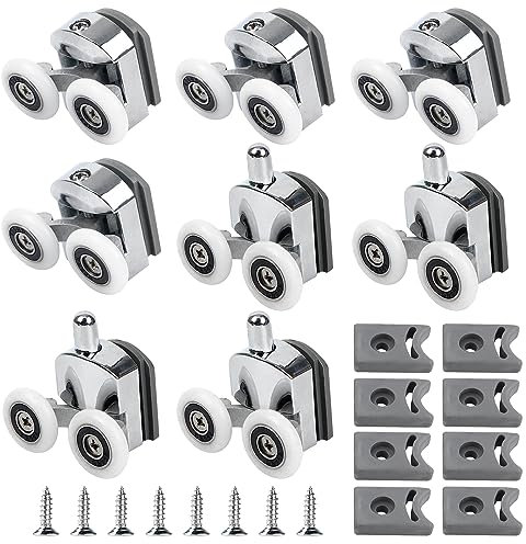 Curved Shower Door Rollers, 8pcs Shower Glass Door Rollers, 23mm Replacement Shower Door Wheels with Anti-Collision Block and Screws Chrome, Shower Roller Wheels for Curved Bathroom Showerroom Doors