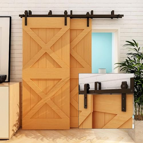 SHERAF 6Ft Sliding Barn Door Hardware Kit, Double Track Bypass Sliding Barn Door Hardware Kit for Double Doors, Bypass Barn Door Hardware/Black/4M