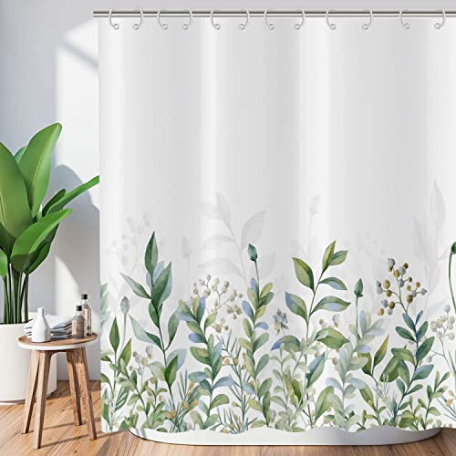 ASDCXZ Blätter Duschvorhang 180x200 cm, Frühling Einfachheit Grün Blau Blätter Weiß Bad Waschbar Duschvorhänge Polyester Textil Wasserdicht Badevorhang für Badewanne mit 12 Haken