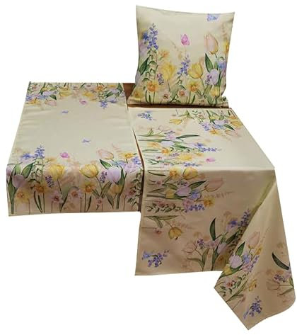 Raebel OHG Tischdecke Mitteldecke Tischläufer Kissenhülle gelb Bedruckt mit bunten Frühlungsblumen Tulpen (Kissenhülle 40 x 40 cm), 2308-1